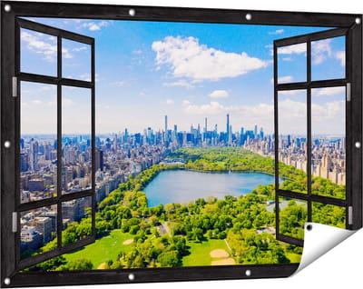 Gards Tuinposter Doorkijk Central Park in New York met Wolkenkrabbers - 120x80 cm - Tuindoek - Tuindecoratie - Wanddecoratie buiten - Tuinschilderij