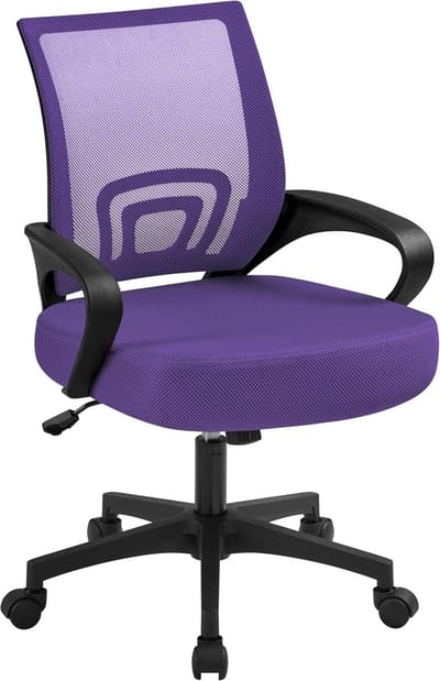 Bureaustoel Ergonomisch – Verstelbare Kantoorstoel met Mesh Rugleuning en Armleuningen – Comfortabele Draaistoel met Wielen en Kantelfunctie – Verstelbare Hoogte – Thuiswerkstoel – Computerstoel – Bureaustoel Paars