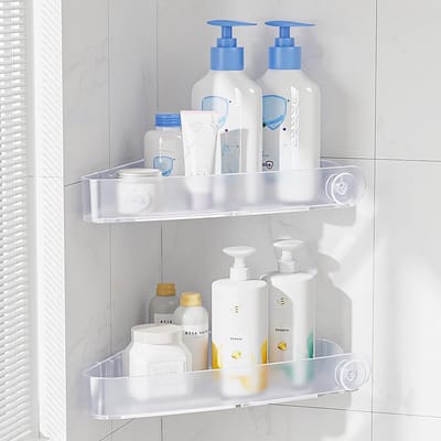 Famanu – Hoekdouchehouder set van 2, zelfklevende douche-organizer van roestvrij kunststof, ruimtebesparend voor badkamer en keuken, kristal