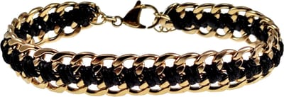 18cm tot 22cm Armband Dames - Breed - Verguld RVS - Cubaanse Schakelsarmband met Zwarte Koord - Verstelbaar
