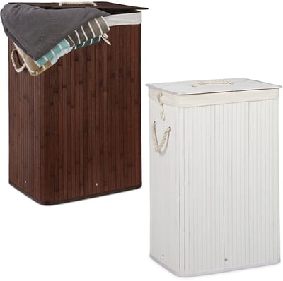 2x wasmand bamboe in set, deksel, elk 83 l, uitneembare waszak, opvouwbaar, rechthoekige mand voor wasgoed, bruin en wit