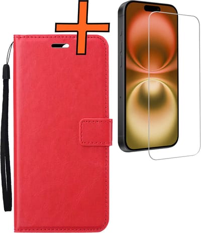 Hoes - Met Screenprotector - Geschikt voor Apple iPhone 16 - Luxe Pasjeshouder - Bookcase Portemonee - Flip Case - Kunstleer Book Case - Flipcase - Book Cover - Walletcase - PortemonneeHoes - Rood