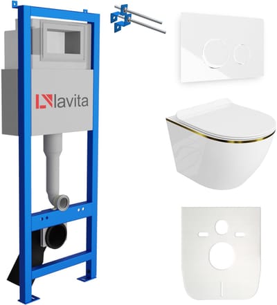 LAVITA® Inbouwreservoir Complete Toiletset LAV 101 - Inbouw WC Hangtoilet Wandcloset SOFI SLIM GOLD LINE - Bedieningsplaat 200.4.1 Wit - Voorwandelement voor toilet 40cm - Installatiesysteem
