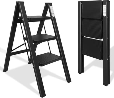 Stapladder 3 treden - praktische opvouwbare ladder - antislip design - ideaal voor hoge kasten - SnelShoppen