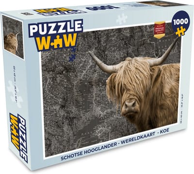 Puzzel Schotse hooglander - Wereldkaart - Koe - Legpuzzel - Puzzel 1000 stukjes volwassenen