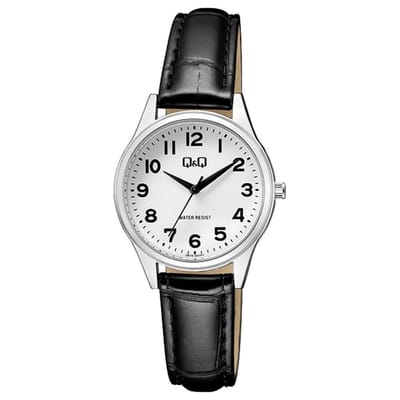 Q&Q Q57A-001PY - Horloge - Analoog - Vrouwen - Dames - Leren band - Rond - Metaal - Cijfers - Zwart - Zilverkleurig - Wit - 3ATM