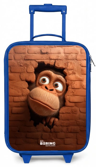 NoBoringSuitcases.com® - Kinderkoffer blauw - Kindertrolley jongen - Aap met grote ogen kijkt door gat in bakstenen muur - Koffer kind lichtgewicht - Reiskoffer trolley voor kinderen - Koffertje met lichtgevende wieltjes - Rolkoffer