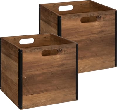 5Five Opbergmand / kastmandje - Set van 2x stuks - Bruin hout - 31 x 31 x 31 cm - 29 liter - Vakkenkast manden - Hout - Opvouwbaar - Kisten
