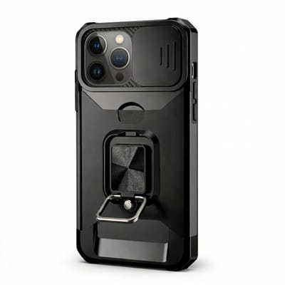 Zwart telefoon hoesje geschikt voor iPhone 14 Pro – robuuste backcover case dames en heren – schokbestendig ontwerp met metalen standaard en kaarthouder