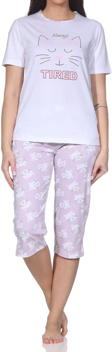 Normann dames pyjama met korte mouwen en capribroek pyjama met hart- en kattenmotief