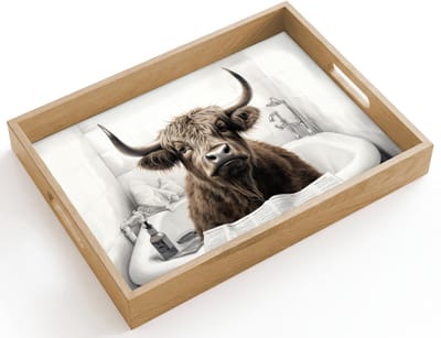 Dienblad hout 40x30 cm - Schootdienblad - Schotse hooglander - Badkuip - Badkamer - Krant - Borrelplank rechthoek - Plateau dienbladen