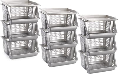 Plasticforte Opbergkrat - 3x - zilver - 3 vakken - 62 cm - Stapelkratten - Stapelbare manden