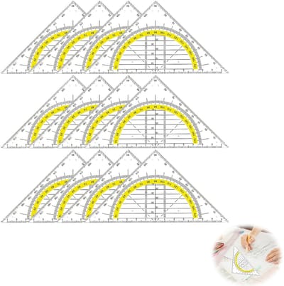 12-delige geometrische driehoek, 15,7 cm kunststof geodriehoek, tekenhoek voor de basisschool, gradenboog, 2 functies, transparante tekengeometrieset voor studenten, kantoren, ontwerpers en schilders