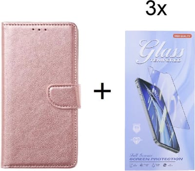 Bookcase Geschikt voor: Motorola Moto G 5G - Rosé Goud - portemonnee hoesje met 3 stuk Glas Screen protector
