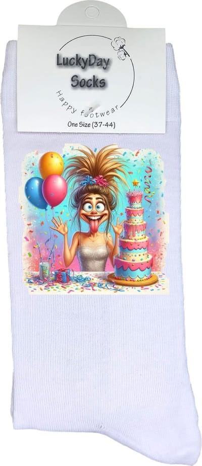 Taart - Verjaardags cadeau - Grappige sokken - Print sokken - Leuke sokken voor heren en dames - Moederdag - Vaderdag - Cadeau voor hem en haar - Kerstcadeau - vrolijke sokken - Valentijns cadeau - funny - Socks waar je Happy van wordt - Maat 37-44