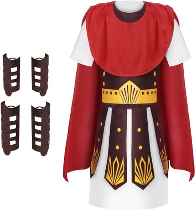 Kinderen Gladiator Kostuum met Tuniek, Bescherming voor Armen en Benen, 5-delig Verkleedset voor Carnaval, Halloween en Themafeesten met Samurai Zwaard