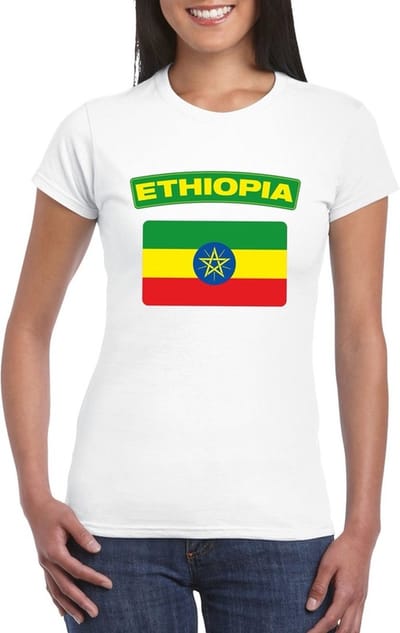 Vlag Ethiopie t-shirt - wit - met vlag van het land print - voor dames - korte mouwen - supporters S