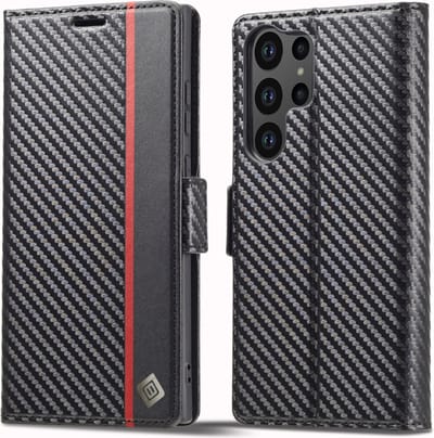 Luxe BookCover Hoes Etui geschikt voor Samsung Galaxy S25 Ultra - Zwart Rood Carbon