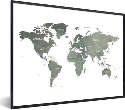 Poster in lijst - Fotolijst 80x60 cm - Posters - Wereldkaart - Aardrijkskunde - Grijs - Posterlijst zwart - Decoratie - Wanddecoratie woonkamer - Muurdecoratie slaapkamer