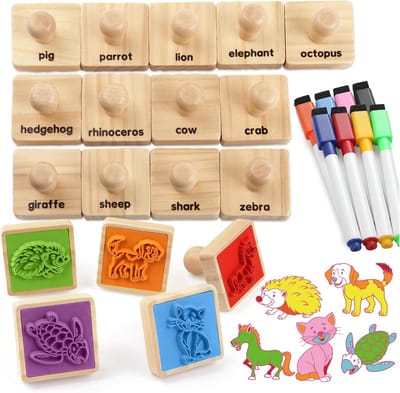 Houten Stempels Set voor Kinderen: 20 Stuks Dieren en Vormen voor Knutselen en Tekenen