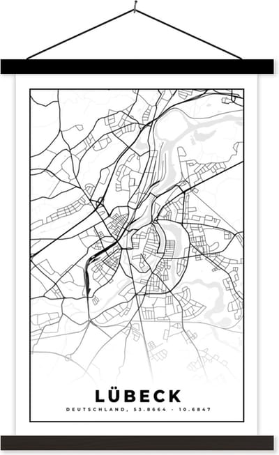 Posterhanger incl. Poster 40x60 cm - Schoolplaat - Lübeck - Plattegrond - Stadskaart - Kaart - Textielposter - Zwarte latten - Stadskaart