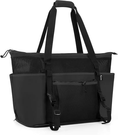 QORA® Strandtas Met Ritssluiting xl - Strandtas Met Rits - Grote Strandtas Waterdicht - Big Shopper - Strandtassen - Strand Tas – Reistas – Familie Strandtas - Zwart - 56cm x 20cm x 40cm