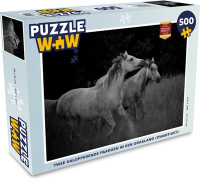 Puzzel Twee galopperende paarden in een grasland in zwart-wit - Legpuzzel - Puzzel 500 stukjes