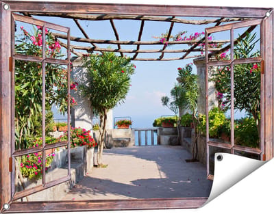 Gards Tuinposter Doorkijk Terras - 90x60 cm - Tuindoek - Tuindecoratie - Wanddecoratie buiten - Tuinschilderij
