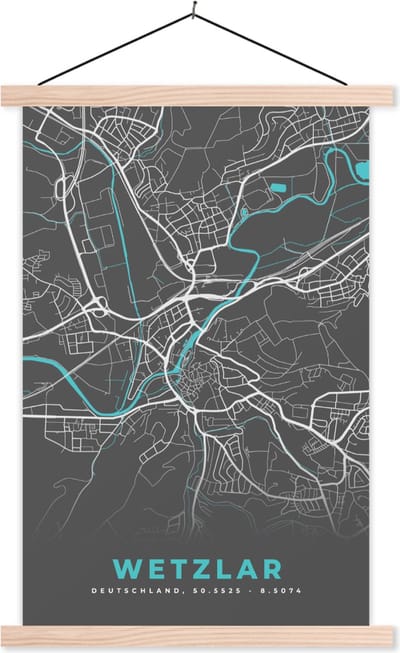 Posterhanger incl. Poster 60x90 cm - Schoolplaat - Blauw – Duitsland – Plattegrond – Stadskaart – Kaart – Wetzlar - Textielposter - Blanke latten - Stadskaart