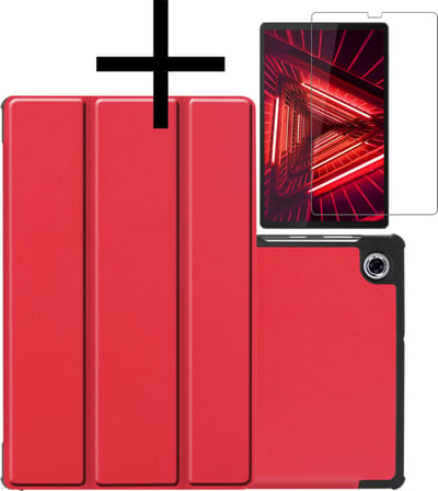 Hoes - Geschikt voor Lenovo Tab M10 FHD Plus (2e / 2nd Generatie) - Met Screenprotector - Trifold Bookcase - Hard Cover - Hardcover Book Case - Tablet Hoesje - Rood