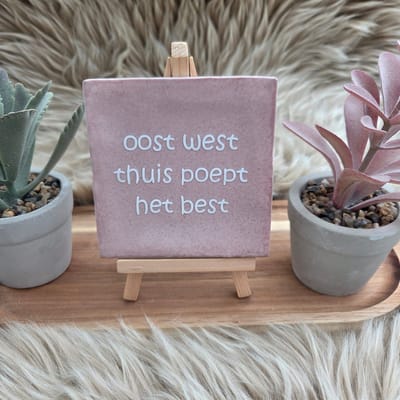 Robuust wenstegeltje “oost west thuis poept het best” – Keramiek 10x10 cm – Humoristische Wanddecoratie & Cadeau – Cadeau vrienden,zomaar – Humor tegeltje - Grappige tekst tegel – Trendy nu – Decoratief Tegeltje met Standaard – Cadeau Idee