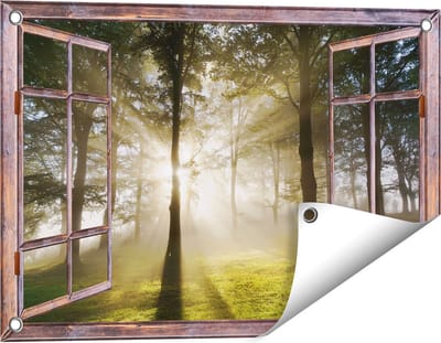 Gards Tuinposter Doorkijk Zon tussen de Bomen - 60x40 cm - Tuindoek - Tuindecoratie - Wanddecoratie buiten - Tuinschilderij