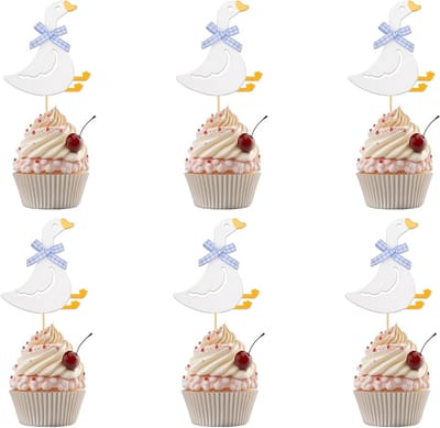 36 Stuks Schattige Ganzen Cupcake Toppers 9x8cm Blauw met Strik voor Verjaardagen en Babyshowers Decoraties