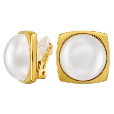 Traveller Clip Oorbellen - Oorclips Dames - 22kt Verguld - Halve Parels - 16mm - Wit - 18 x 18 mm - 114354