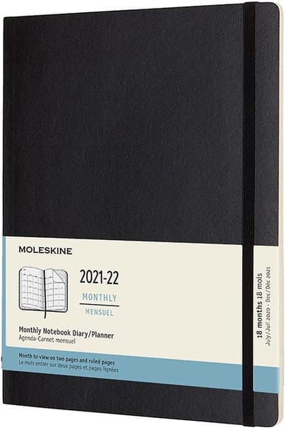 18 maanden kalender/planner - maandplanner met softcover en elastische sluiting, X-Large 19 x 23 cm, zwart