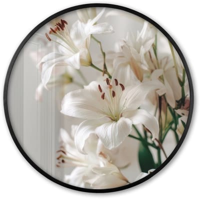 Poster in lijst Rond - Fotolijst 60x60 cm - Posters - Lelies - Boekte - Wit - Meeldraden - Ronde posterlijst zwart - Decoratie - Wanddecoratie woonkamer - Muurdecoratie slaapkamer