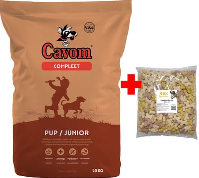 Cavom compleet Pup/Junior - geperste brokken - 20 kg + Rex kluifjes puppy