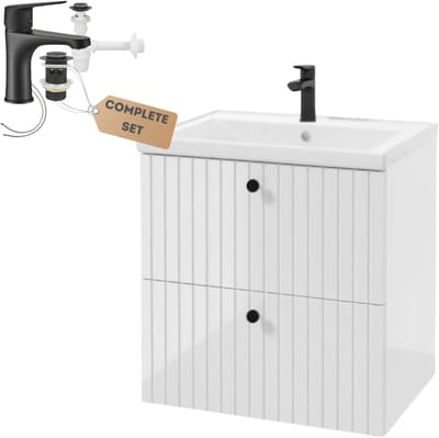 Badkamerkast met Wastafel en Zwarte Kraan - 60 cm Hangkast met Onderkast en Twee Laden