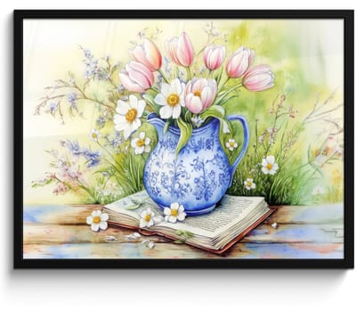 Poster in lijst - Fotolijst 70x50 cm - Posters - Vaas - Delftsblauw - Madeliefjes - Posterlijst zwart - Decoratie - Wanddecoratie woonkamer - Muurdecoratie slaapkamer