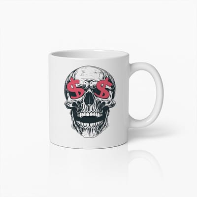 Schedel met Geldogen Mok 330ml – Coole Gotische Koffiebeker met Dollar Teken Ontwerp – Uniek Cadeau voor Rock-, Punk- & Schedelliefhebbers