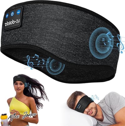 Mrs. Jones Slaaphoofdtelefoon Bluetooth 5.0 Sporthoofdband draadloze slaapmasker slaapmasker voor training joggen yoga slapeloosheid reizen (zwart gebogen) .