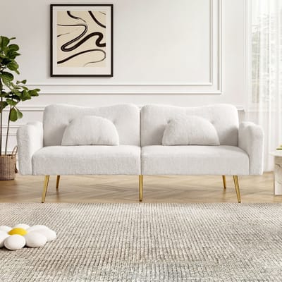 MODFU Tweezits Slaapbank - Verstelbare Rugleuning - Wolkvormig Design - Voor Woonkamer - Lamswolmix - Wit