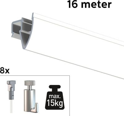 Artiteq Schilderij Ophangsysteem 16 meter All-in-one Up Rail 15kg / Wit RAL9016