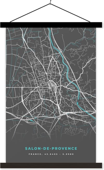 Posterhanger incl. Poster 40x60 cm - Schoolplaat - Salon-de-Provence - Stadskaart - Kaart - Plattegrond - Frankrijk - Textielposter - Zwarte latten - Stadskaart