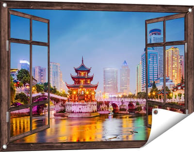 Gards Tuinposter Doorkijk Rivier bij Stad Guiyang in China - 90x60 cm - Tuindoek - Tuindecoratie - Wanddecoratie buiten - Tuinschilderij