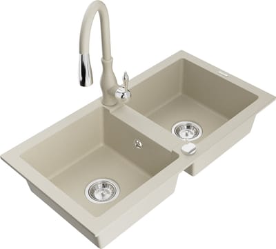 Mexen Mario granieten gootsteen 2-kamer met keukenmengkraan Savita, beige - 6504-69-672601-69