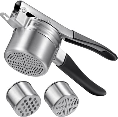 SnelShoppen - RVS Aardappelpers met 2 Verwisselbare Bekers voor Romige Aardappelpuree, Groentepuree en Vers Sap - Ergonomisch Handvat - Afwasmachinebe