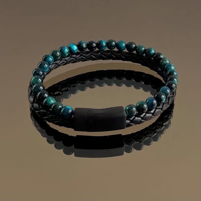 FlowJewels - Wolf Men - heren armband - leer - natuursteen - stainless steel