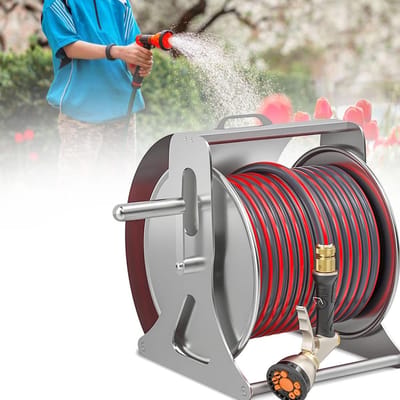 Tuinslanghaspel Wandmontage - Slanghouder Metaal - Tuin Bewatering - Zware Kwaliteit - 50m Slang - Zilver