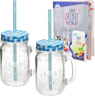 Set van 2 glazen bekers met handvat, deksel en rietje incl. receptenboekje - blauw geruit - 0,5 liter beker / drinkglas met reliëf